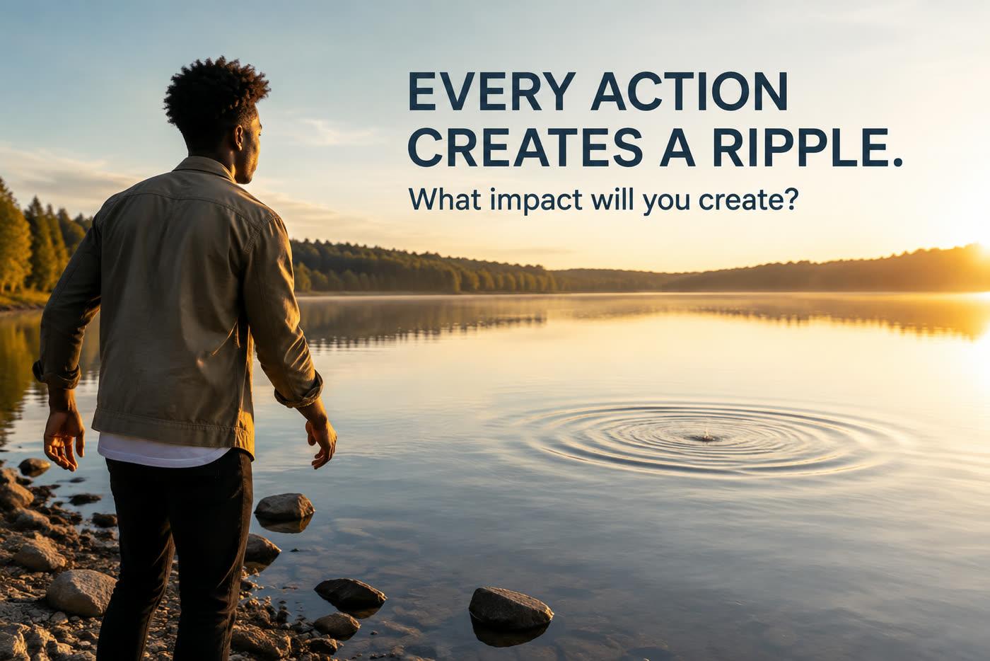 Every action creates a ripple. What impact will you create? A person stands at the edge of a still lake at sunrise, watching rings spread across the water from the stone they have just thrown.