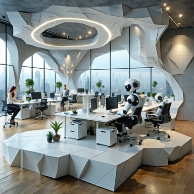The image features a slick office envionment with AI working alongside employees  generatiing value-2