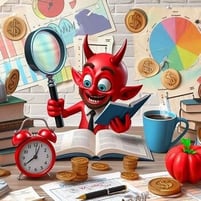 A cartoon character sitting at a desk with a magnifying glass and a book

Description automatically generated