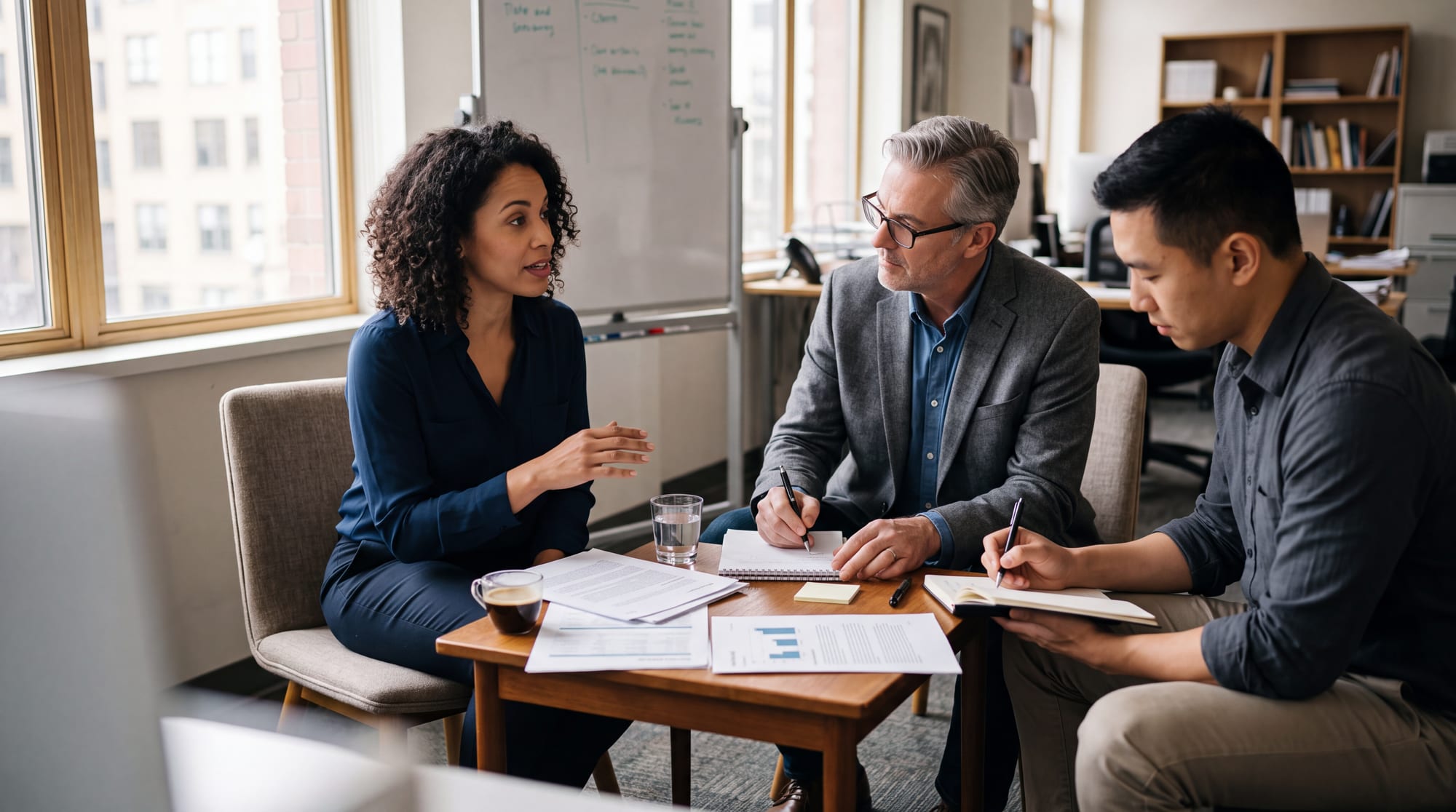A small-group Origamic advisory session around a table with documents out