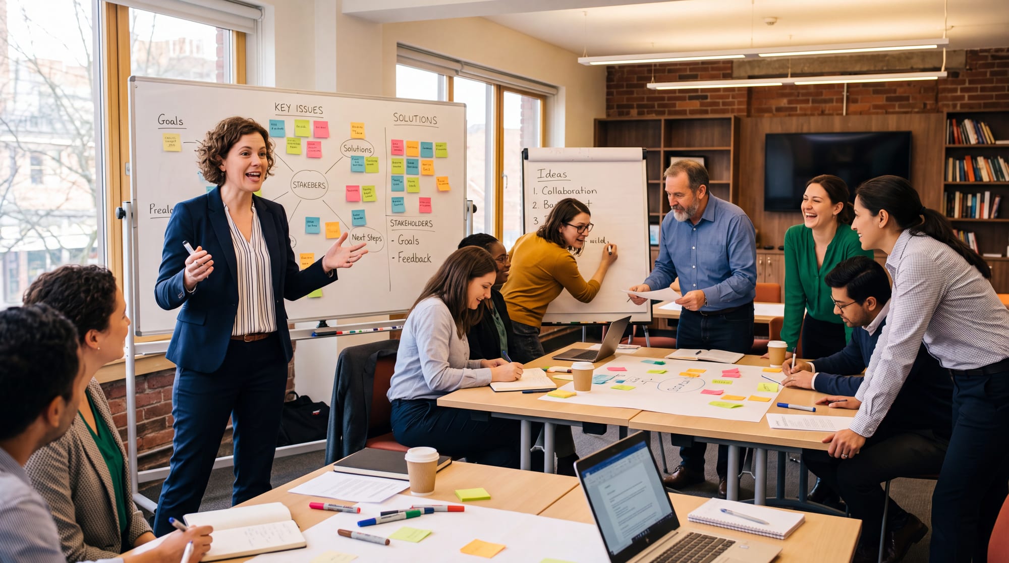 A facilitator leading an engaged stakeholder workshop