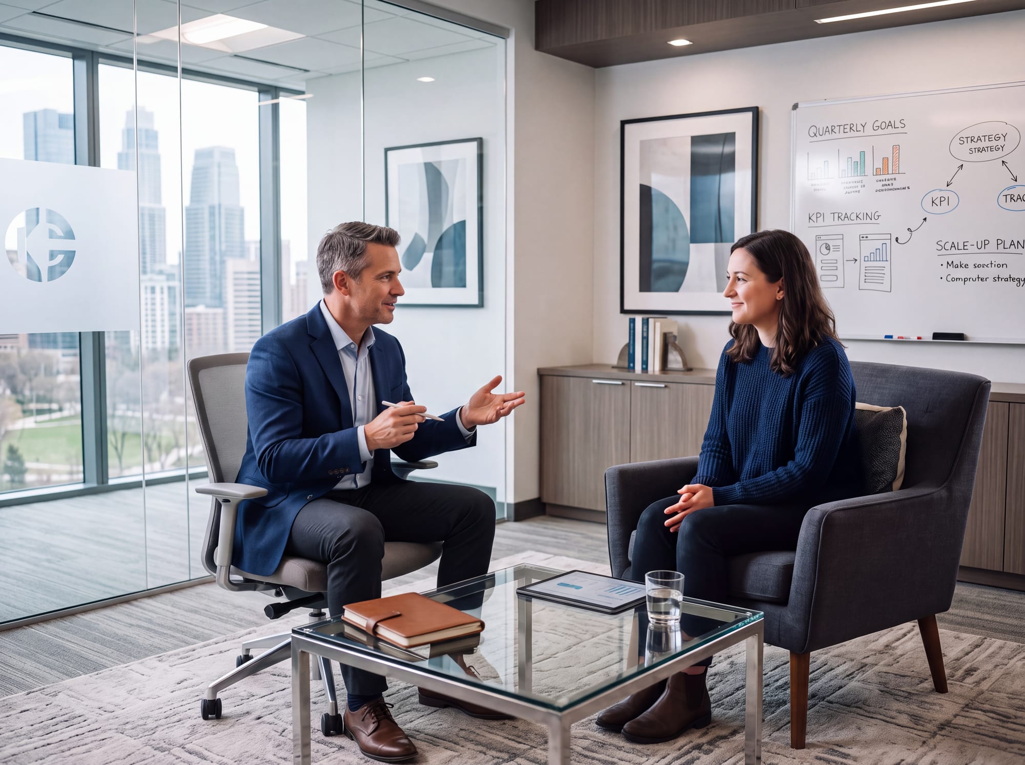 A one-on-one executive coaching conversation in a private setting