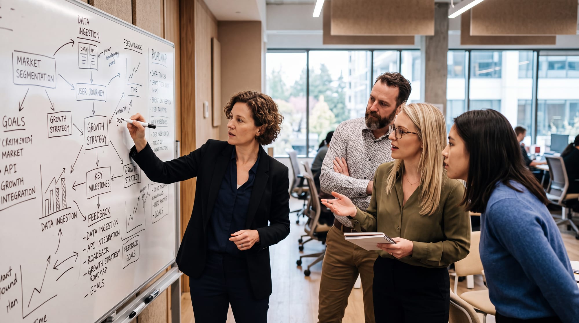An Origamic consultant and a client team working together at a whiteboard