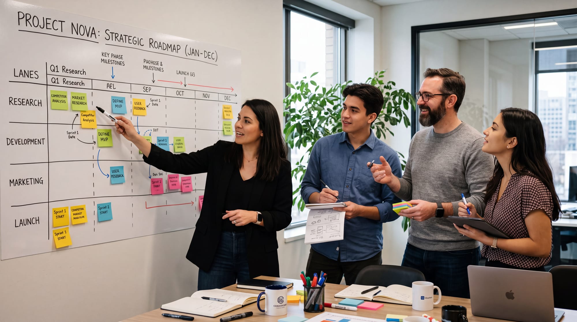 A collaborative project planning session with a roadmap on screen