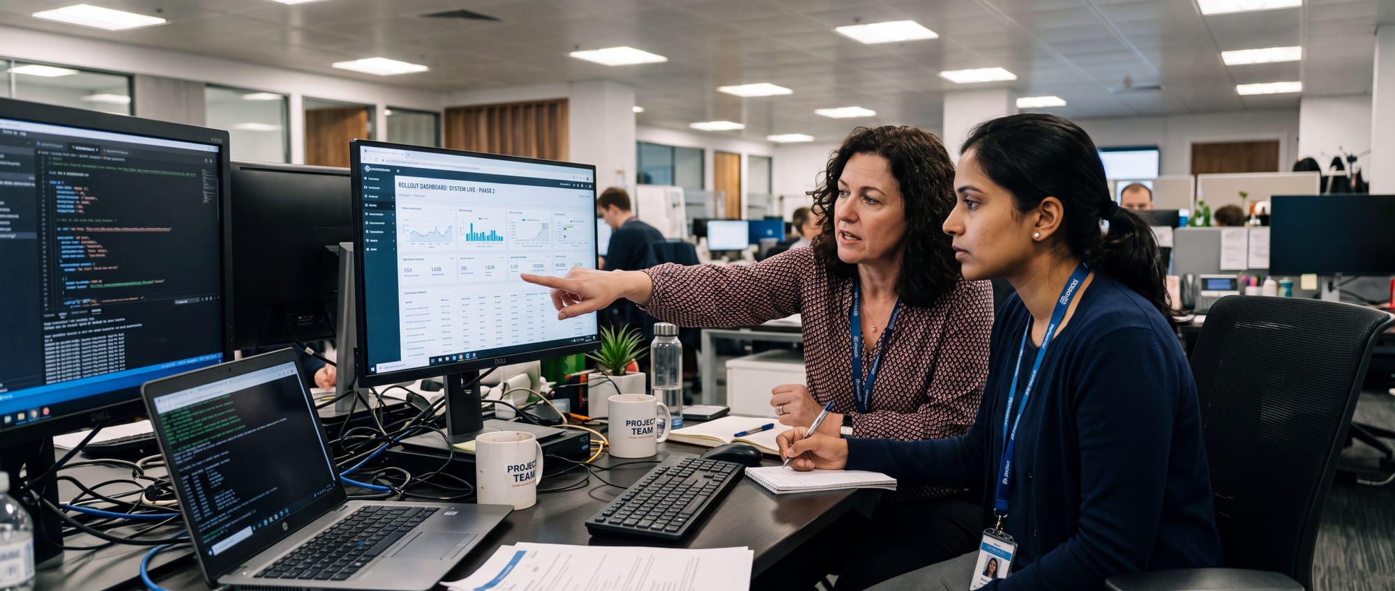 An Origamic consultant supporting client staff at a workstation during a rollout