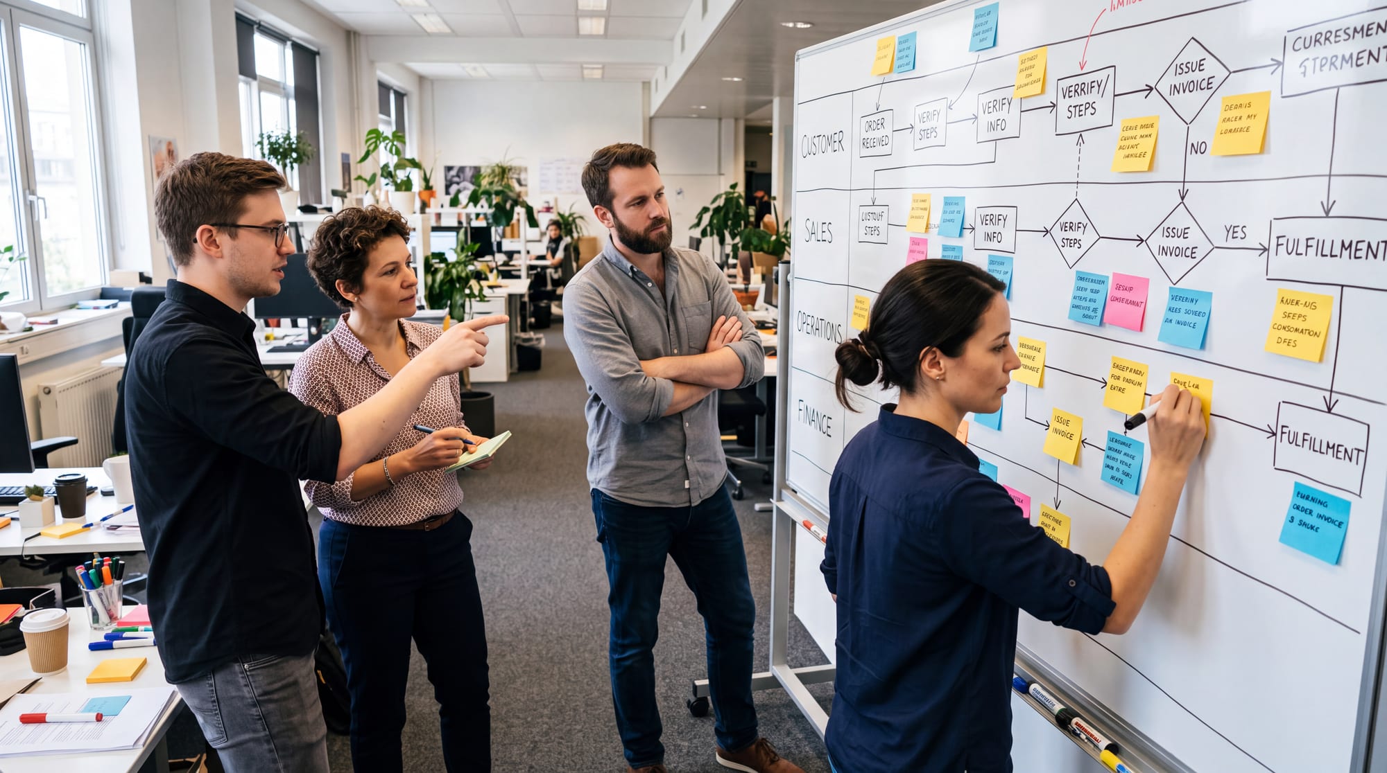 A process-mapping session with a swimlane diagram on the wall